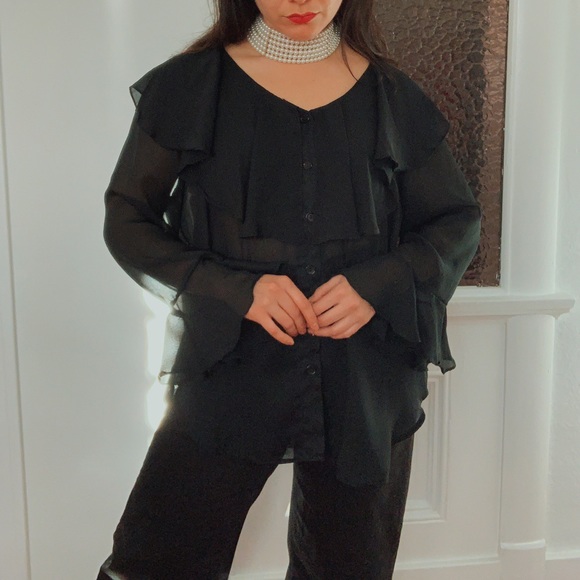 Vintage Black Ruffle Sheer Blouse - Picture 2 of 4